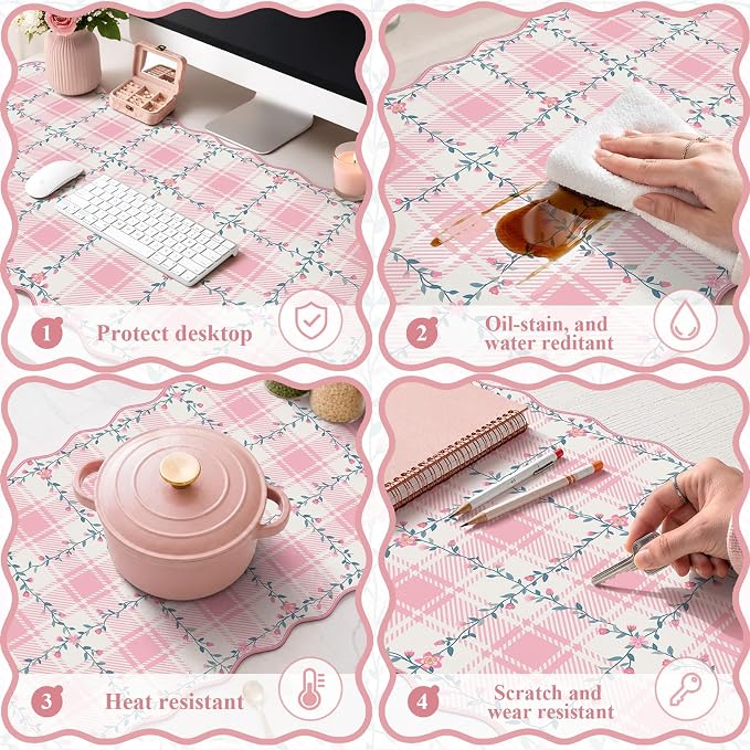 iCasso Light Pink Scalloped Writing Pad, 35.4"x15.7" Table Mat for Desk | Retro Non-Slip Base Scalloped Mousepad for Classroom, Floral Desk Pad Stitched Edges for Gaming Office Study Space