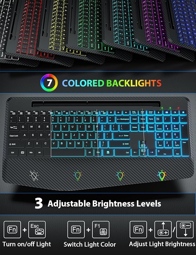 Wireless Keyboard and Mouse Combo, Backlit Scissor Keys, Wrist Rest | 7-Color Backlight, Phone Holder, Rechargeable, LED Mouse, Ergonomic Support, Quiet Typing, Win/Mac/ChromeOS, KM22 Ultra+
