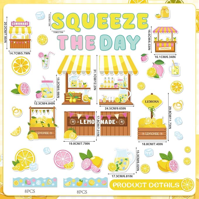 Wxiben Lemon Bulletin Board Decorations, Lemonade Stand Classroom Decor | Squeeze The Day Cutouts Summer Bulletin Board Set, Back to School Office Wall Decorations Supplies