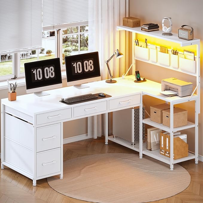 SEDETA Corner Computer Desk, Reversible L Shaped Computer Desk with Fabric Drawers and Power Outlet, 47.2” Gaming Desk with LED Lights, Storage Shelves and Hutch, White