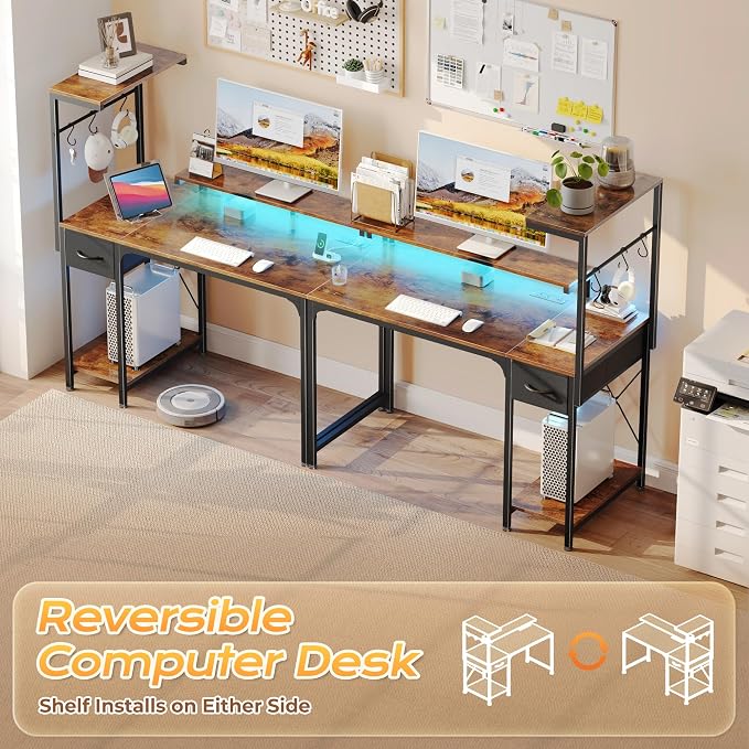 39.4 Inch Gaming Desk with LED Lights & Power Outlets | Small Computer Desk with Drawer & Storage Shelves, Office Writing Desk with Monitor Stand for Work from Home, Rustic Brown