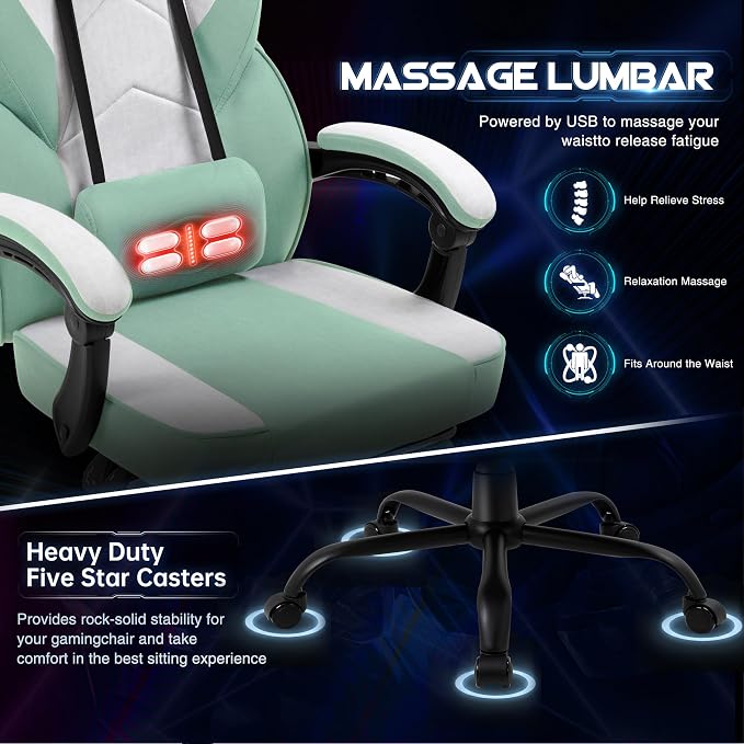 Gaming Chair for Adults with Footrest & Massage Lumbar Support, Ergonomic High Back Gamer Chair, Adjustable Swivel Computer Gaming Chairs with Headrest and Linkage Armrests,Green