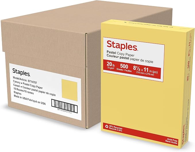 Staples Pastel 30% Recycled 8.5" x 11" Color Copy Paper, 20 Lbs., Canary, 5000 Sheets/Carton