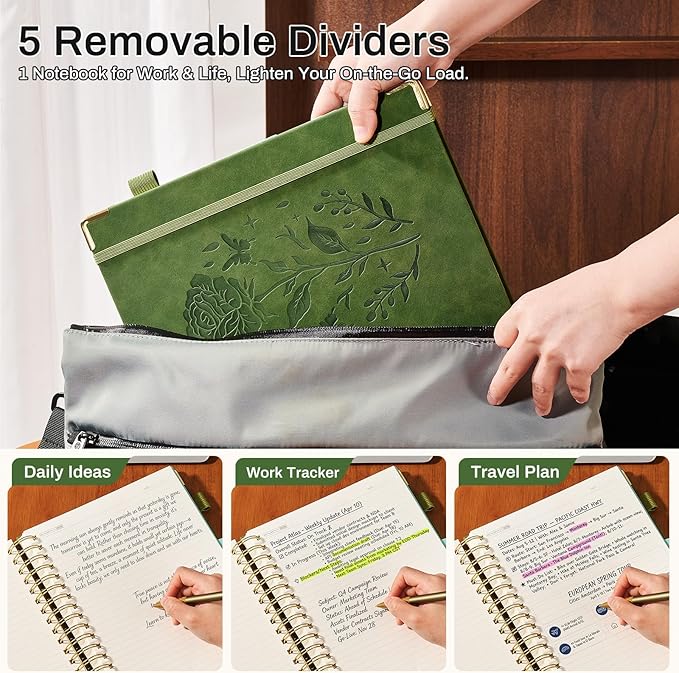 Hardcover Spiral Notebook with 5 Removable Dividers Tabs 300 Pages Leather 5 Subject Notebook College Ruled 8"x10" Large B5 Notebooks for Work School Note taking Lined Journal for Women, Green