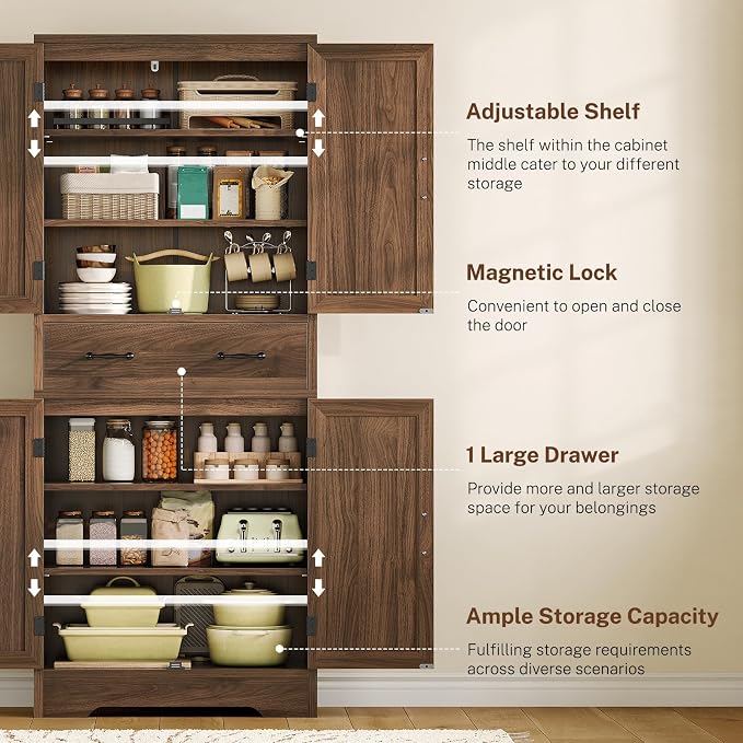 Tall Storage Cabinet with 2 Adjustable Shelves & 1 Large Drawer, Kitchen Pantry Cabinet with 4 Doors, Bathroom Storage Cabinets, for Living Room, Kitchen, Bathroom, Walnut