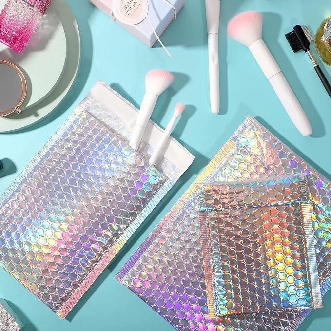 50 Pieces Bubble Mailers 3 Sizes Self Seal Adhesive Poly Mailers Metallic Foil Glitter Padded Shipping Bubble Envelopes for Valentine Mailing Packing Small Business (Rainbow Color)