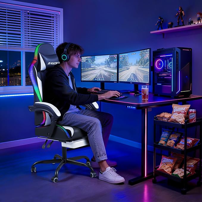 Homall Gaming Chair with Massage & Footrest, Ergonomic Computer Office Chair, High-Back Racing Style Reclining Chair with Adjustable Lumbar Support, PU Leather for Adults (White)