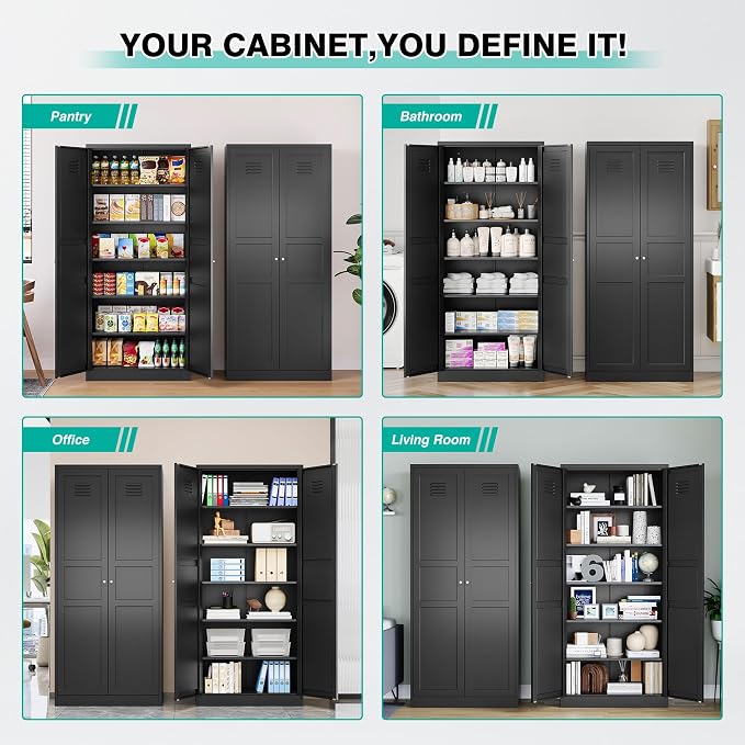 Black Storage Cabinet,71" Tall Pantry Cabinet,Kitchen Pantry Storage Cabinets with 2 Doors and 5 Shelves,Wide Deep Metal Food Cupboard for Home,Kitchen,Dining/Living Room