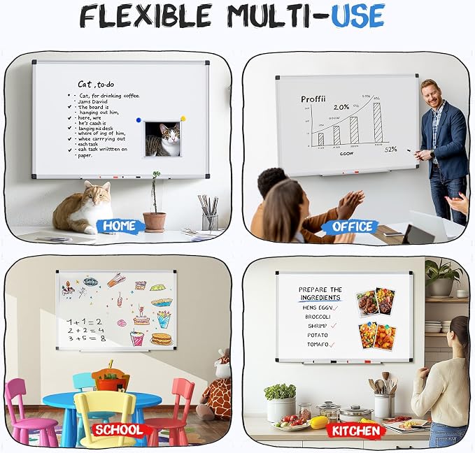DUMOS Magnetic White Board Kit for Wall 40" x 30", Dry Erase Board with 1 Dry Eraser & 2 Multicolor Markers & 4 Magnetic Pins, Silver Reinforced Aluminum Frame for Home, School, Office
