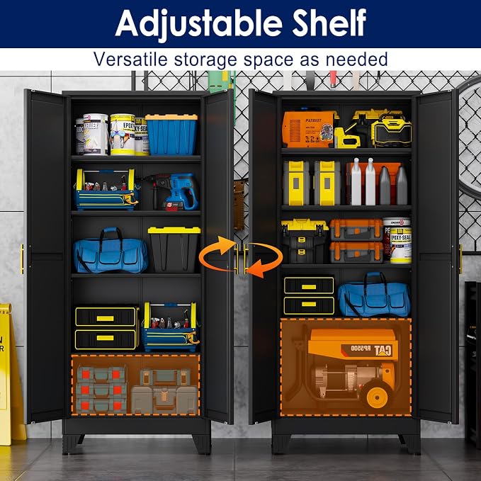 erosoei 71" H Metal Garage Storage Cabinet, Black Metal Pantry Cabinet with 2 Doors, Locker Steel Cabinet with 4 Adjustable Shelves, Freestanding Cupboard for Garage,Office,Home,Gym,School