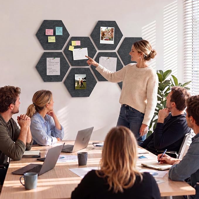 8-Pack Hexagon Felt Bulletin Board Tiles, Cork Board Alternative | For students and teachers creating vision boards in homes, offices, dorms or classrooms; includes 30 push pins.