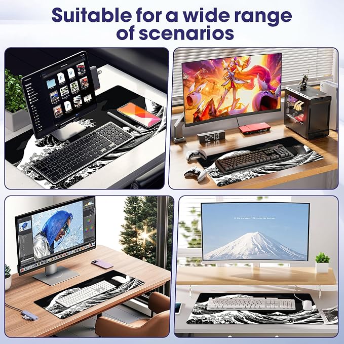 Large Extended Mouse Pad with Stitched Edges 35.4"x15.7" - Waterproof Desk Mat, Non-Slip Rubber Base for All-Desk Coverage, Perfect for Gaming Office Home, White Wave