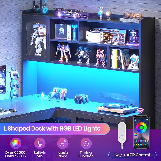 SEDETA 61" Farmhouse L Shaped Gaming Desk with Drawers, Bookshelf Storage | Computer Desk with Storage Shelves and Power Outlet, Corner Gaming Desk with LED Light and Display Cabinet for Home Office