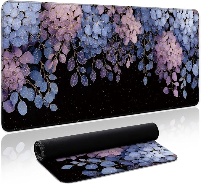 Aesthetic Desk Mat, Cute Midnight Hydrangea Desk Pad Protector for Work & Decor, 35.4" x 15.7", Pretty Non-Slip Extended Mouse Pad for Office or Home