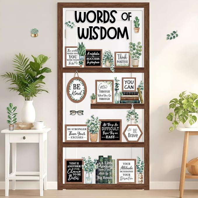 Mooliwe 57 Pcs Eucalyptus Bulletin Board Set Boho Inspirational Cutouts | Motivational Quotes for Teachers, Positive Sayings Wall Set, Classroom Office Home Décor, Words of Wisdom Farmhouse Style