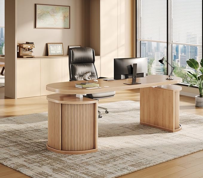 SEDETA 57" Standing Desk with Storage, Electric Height Adjustable Executive Fluted Desk with Curved Cabinets, Computer Desk with Power Strip for Home Office, Light Oak