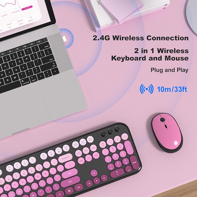 MOFII Wireless Keyboard and Mouse Combo,2.4G Typewriter Keyboard Quiet Mice | Retro Full Size Computer Keyboards, Cute Mouse, USB Dongle Plug and Play, for PC,Laptop,Desktop,Windows (Black Pink Gradient)