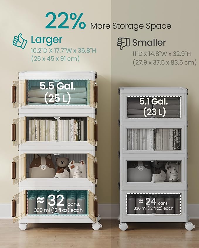 SONGMICS 26QT stackable storage bins with 1 Lid, 4-Tier Foldable Bins | Collapsible Cabinet, PP Plastic, Magnetic Doors and wheels, 17.7 x 10.2 x 35.8 inch, White, DENNYS Collection URLB445WZ01