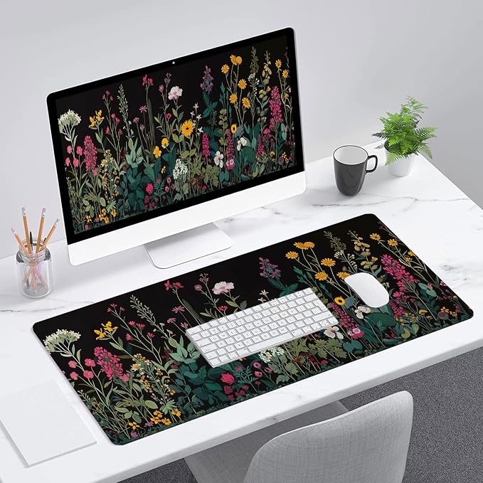 Floral Desk Pad Mouse Pad Weeds Flower Aesthetic Wildflower Mousepad XL Large Gaming Mouse Pad Laptop Keyboard Mat Desk Pad Office Home Decor for Women Girl 31.5"x11.8"