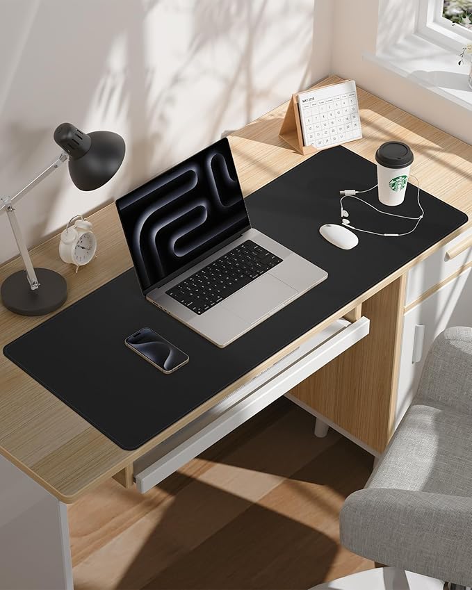 Desk Pad Soft PU Leather Large Mouse Pad Laptop Computer Desk Mat Table Blotter Flat Smooth Waterproof Non-Slip Desktop Protector Write Pad for Office and Home (Black, 90x43cm)