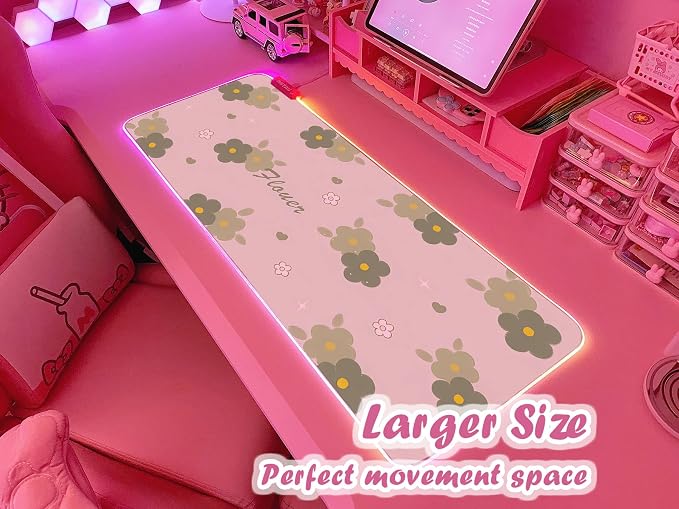 JMIYAV Pink RGB Gaming Mouse Pad 31.5x12 Inch PC XL Large Extended Glowing Led Light Up Desk Pad Non-Slip Rubber Base Computer Cute Mousepad Mat Desk Accessories Gaming Setup Bloom Flower