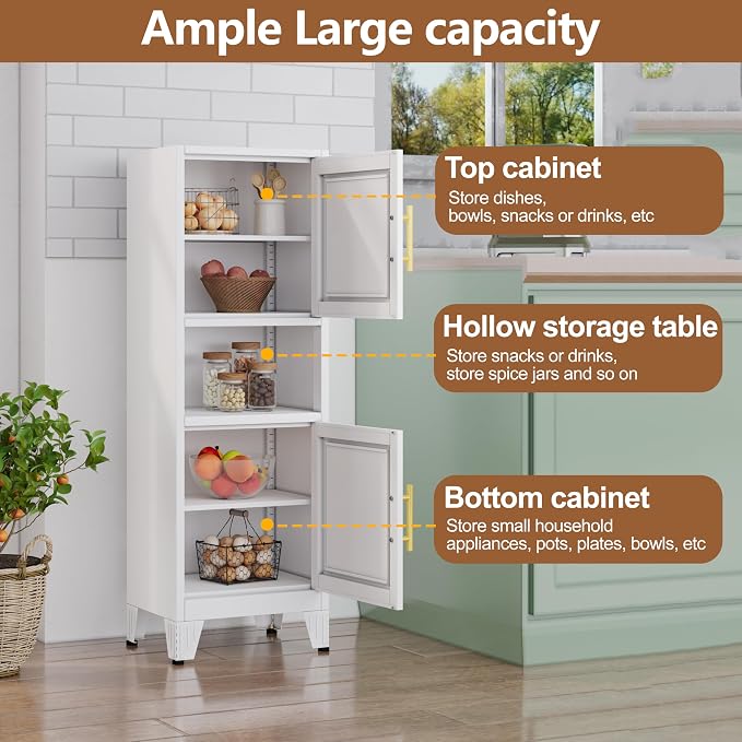 Metal Tall Narrow Bathroom Storage Cabinet, Freestanding Floor Cabinet with 2 Doors and Adjustable Shelves, Pantry Storage Cabinets for Bathroom, Living Room, Entryway and Kitchen (White)