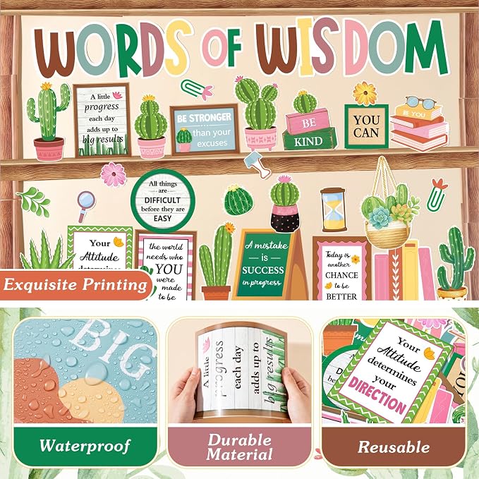Mooliwe 57 Pcs Cactus Bulletin Board Set Inspirational Classroom Cutouts | Positive Sayings for Teacher Office Wall, Motivational Quotes Cacti Theme, Summer Classroom Display Decor Supplies