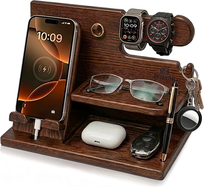 TESLYAR Wood Phone Docking Station for Men - Desk or Nightstand Organizer - Birthday Gifts for Husband, Dad - Anniversary Idea from Wife - Key Holder, Stand Wallet, Watch & Essentials (Bourbon Brown) | Mens Bedside Organiser with Key Holder, Wallet & W...
