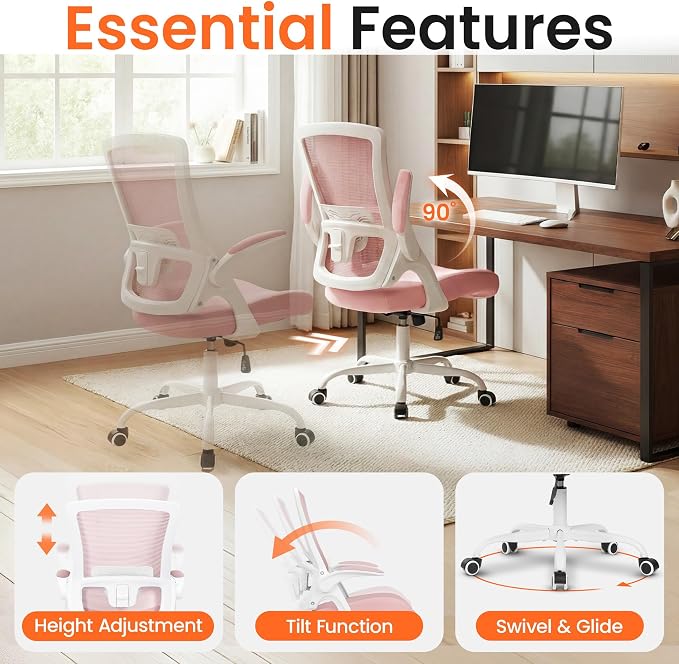 NEO CHAIR Office Desk Mesh Chair with Adjustable Ergonomic Lumbar, Pink | Breathable Mesh Back Support with Flip-Up Armrests and Wide Seat Cushion for Comfortable Home Office Work and Gaming Setup