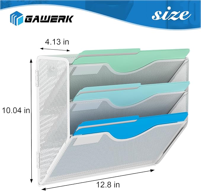Gawerk 3 Tier Hanging Wall File Organizer, Mesh Mail Paper Orgnization Hanging File Folder Holder for Home Office, White