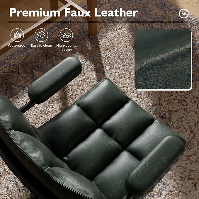 Mid Century Modern Desk Chair, Vintage Leather Office Chair, Green | Petite Computer Chair for Small to Medium Women, Thickened Back, Cozy Seat, Adjustable Height for Home