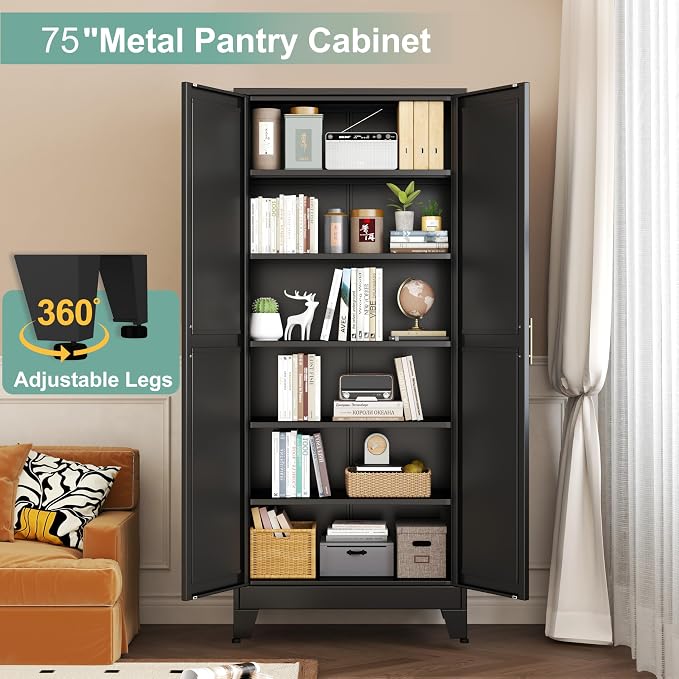 Metal Pantry Cabinet with 2 Doors and 5 Adjustable Shelves, 75"Kitchen Storage cabinets with Gold Handles, Versatile Storage for Laundry Room, Living Room, Bathroom, Dinning Room, Utility Room-Black