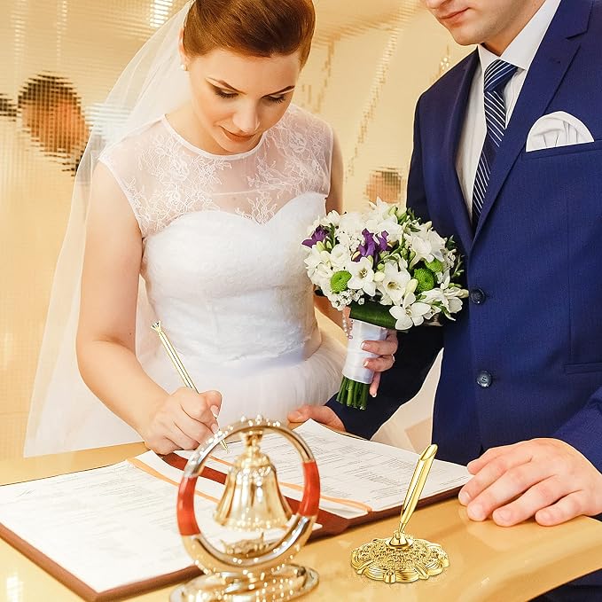 Outus 2 Pcs Gold Wedding Pens for Guest Book Signing Diamond Design | Hollow Round Holder Stand, Desk Ballpoint Pens, For Bridal Showers Wedding Bachelorette Party Engagement Reception Business