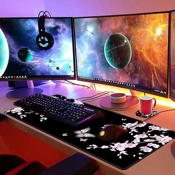 Japanese Sakura Cherry Blossom Pink Black Mouse Pad Large with Coaster, 35.4"x15.7" Full Desk Mousepad Stitched Edges Non Slip Base Desk Pad Extended Large Gaming XXL Mouse Pad for Desk Office Home