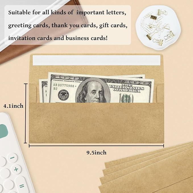 100 Pack #10 Business Envelopes, Brown Kraft Standard Envelopes Self Seal, Letter Size Mailing Envelopes for Checks Letters Invoices Christmas Birthday Graduation Wedding, 4 1/8 x 9 1/2 Inch
