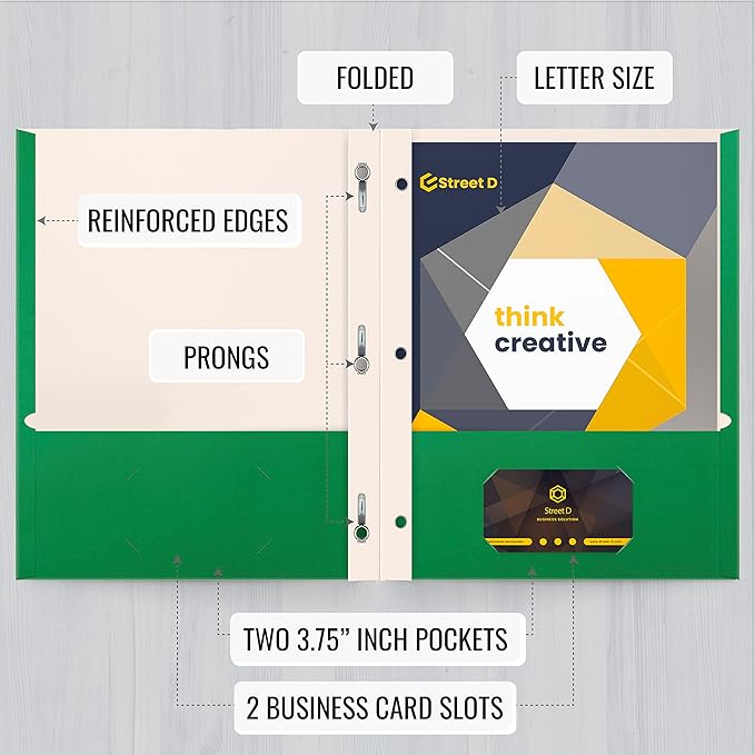 Better Office Products Green Paper 2 Pocket Folders with Prongs, 50 Pack, Matte Texture, Letter Size Paper Folders, 50 Pack, with 3 Metal Prong Fastener Clips, Green