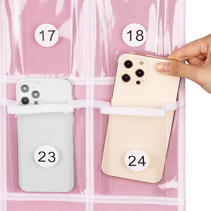 Loghot 36 Clear Pockets Classroom Pocket Charts for Cell Phone Holder | Phone Pocket with 36 Numbered Stickers & 4 Metal Hooks, Wall Door Mount Multi-Purpose Hanging Pocket Organizer for Classroom