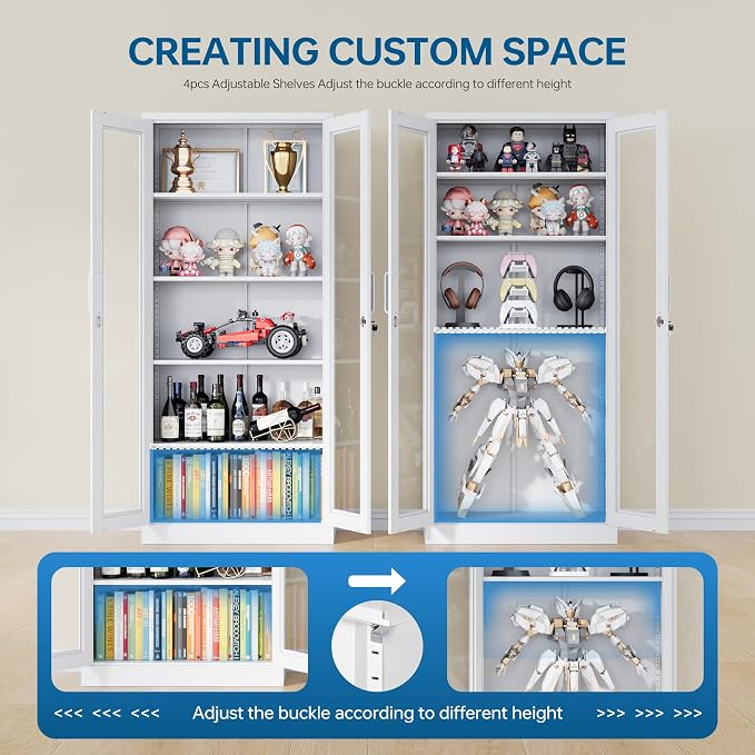 PEUKC Display Cabinet with Glass Doors, 71 Inches Metal Display Case with 4 Adjustable Shelves, Curio Storage Cabinet with Lock for Home, Office, Book, Pantry, Assemble Required (White)