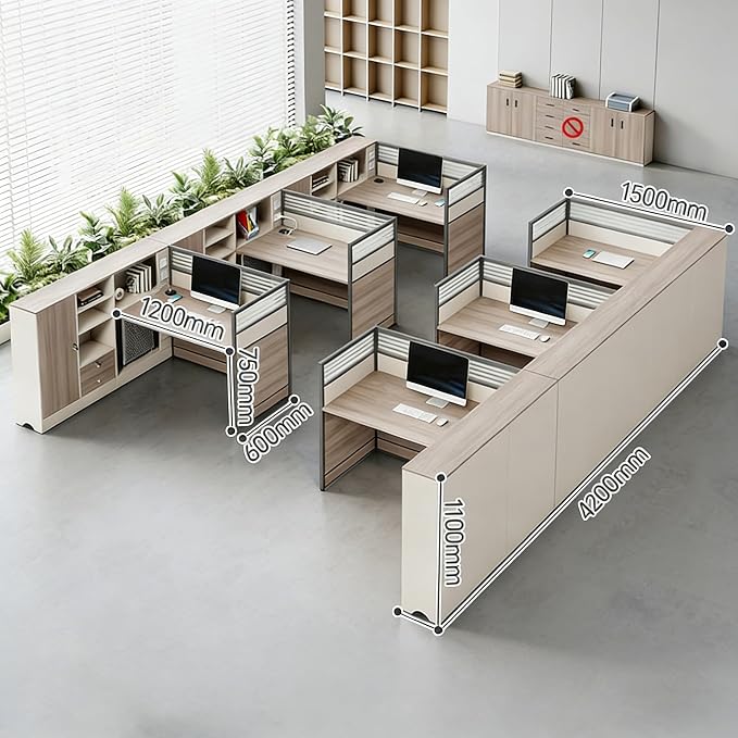 Modern Office Workstation Desk with Side Storage Cabinet, Tempered Glass Privacy Panels, USB Charging Hub & Cable Management, Modular Cubicle Desk for Office Work (A - Right, 6P)