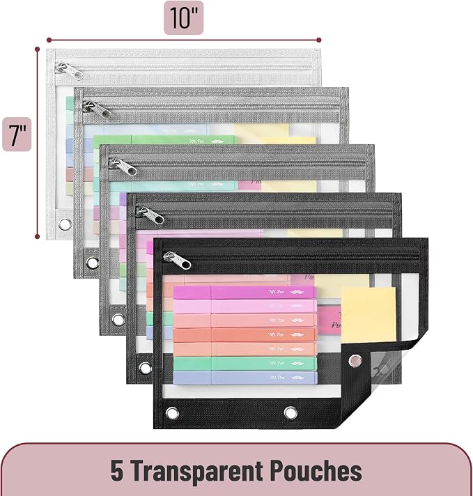 Mr. Pen- Pencil Pouch for 3 Ring Binder, 5 Pack, 10"x7", Smooth Zipper | Clear Window, Large Capacity Pencil Case with 3 Reinforced Grommets for School, Office, Supplies Storage | Clear Window, Large Capacity Pencil Case with 3 Reinforced Grommets for ...
