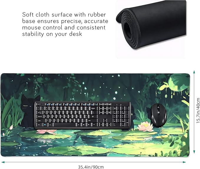 Cute Anime Black Cat Gaming Mouse Pad, Forest Green Anime Desk Mat with Anti-Slip Base & Stitched Edges,35.4" x 15.7" in Desk Accessories for Women, Home Office Decor & Artistic Gift