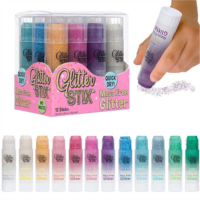 Glitter Stix Mess-Free Glitter Sticks, Set of 12 Colors - Solid Shimmer Topcoat for Coloring Pages, Crafts & Art Projects, No Loose Glitter or Glue, Pairs with Kwik Stix Paint Sticks for Kids