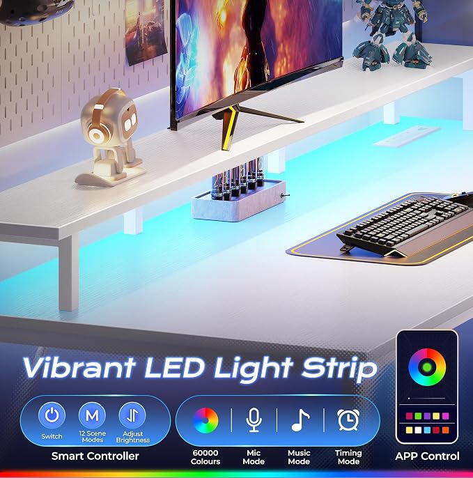55 inch Gaming Desk, LED & Power Outlets, Monitor Stand, White | Sturdy PC Desk for Home Office, Study & Work, LED Lights, 4 AC Outlets & USB-C Charging Station