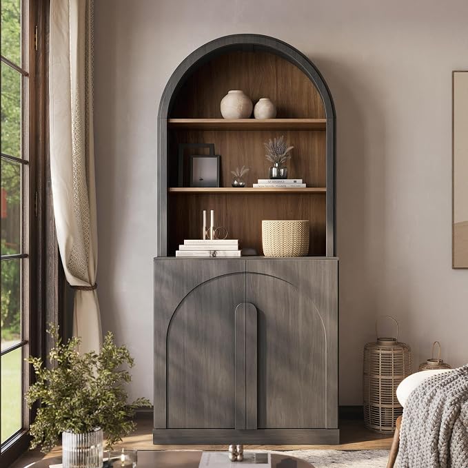 BELLEZE Arched Bookshelf with Adjustable Shelf, 71" Tall Curio Display Cabinet with Wood Door, 5 Tier Modern Bookcase Shelf with Storage for Living Room Office, Ebony