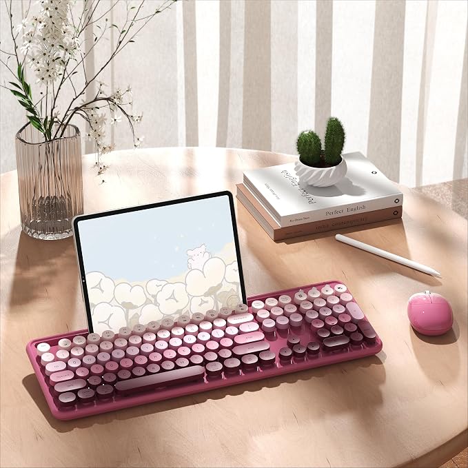 Wireless Keyboard and Mouse Combo with Phone Holder (Rose-Red Colorful) | MPTOG Colorful Typewriter Keys with Wrist Rest, , 2.4GHz Wireless, Full-Sized Optical Mouse for PC and Laptop