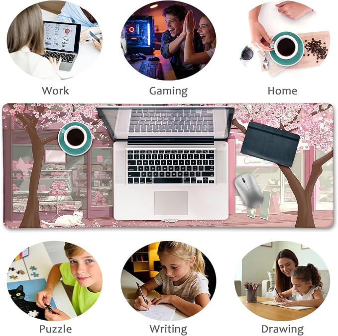 LIMKRIAN Cat Mouse Pad, Large Desk Mat, 31.5 x 11.8 in Pink Cherry Blossom | Stitched Edges, Non-Slip, Keyboard Mouse Pad, Computer Mouse Pads for Desktop, Cute Office Desk Accessories for Women