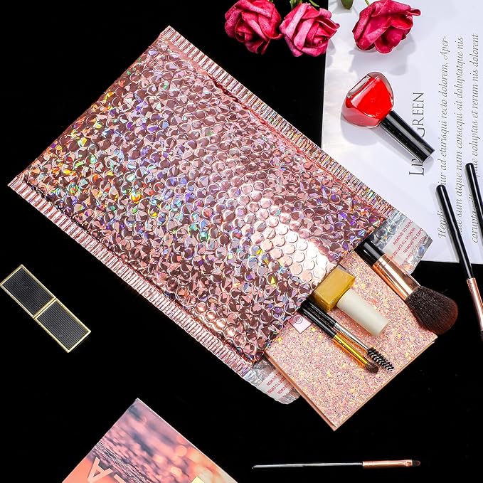 30 Pieces Holographic Bubble Mailers Padded Mailer Holographic Bubble Mailers Padded Envelopes Self Sealing Cushion Envelopes for Mailing, Shipping and Packing(Rose Gold, 11 x 7 Inch)