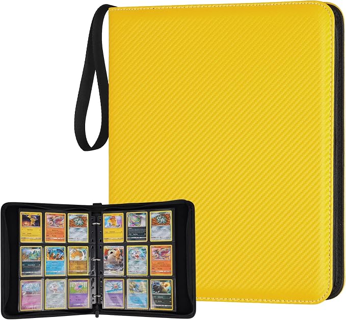 GERMUN 3 Ring 9 Pocket Zipper Card Binder, 720 Double Sided Standard PU Trading Card Album Folder for TCG & Sports Cards, Not Fit Top Loaders (yellow)