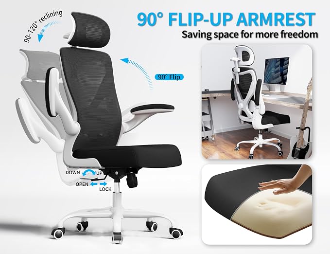 Ergonomic Office Chair: Mesh Desk Chair Comfy with Headrest& Lumbar Support | Ergalithic Big and Tall Office Chairs with Wheels & Flip-Up Arms-Computer Gaming Chairs for Adults Home Office (White Black)