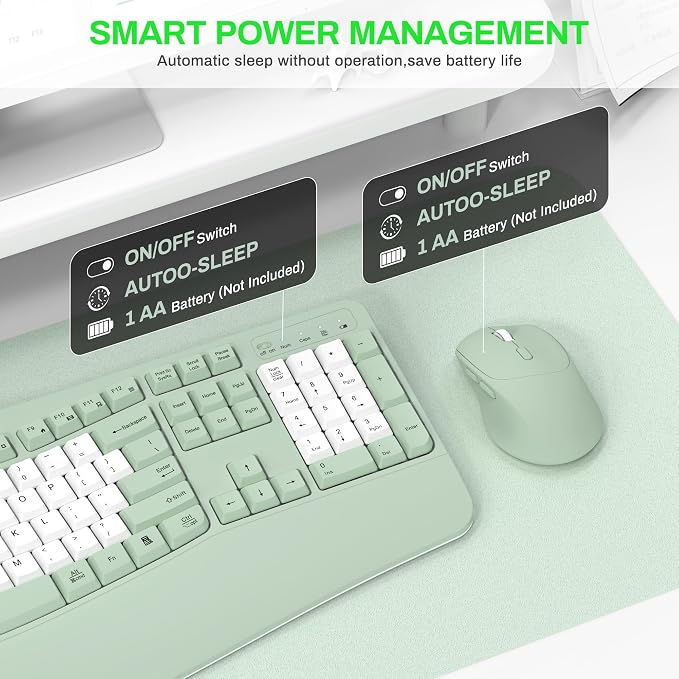 Wireless Keyboard and Mouse Combo,2.4G Ergonomic Wave Keys(Avocado Green-B) | Full Size Cordless Keyboard with Wrist Rest,3-Level DPI Ergonomic Mouse for Office and Home,Windows/Mac OS/Desktop/Laptop/PC